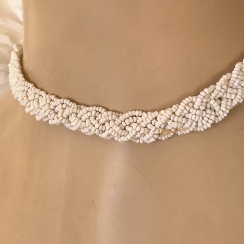 Vintage 1950’s White Milk Glass Micro Bead 6 Strand Adjustable Choker Necklace